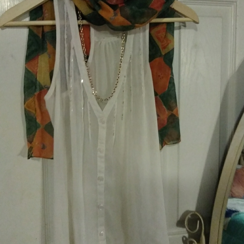 Sheer Top , Scarf, Necklace
